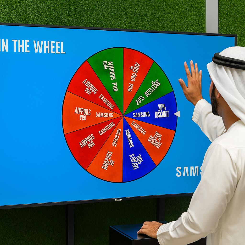 Arab male playing Spin the Wheel game at an exhibition event in Dubai, wearing traditional kandura, fully branded setup with digital screen and prize display, engaging crowd.